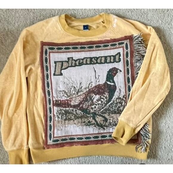 Pheasant tapestry sweatshirt, w fringe, upcycled, crewneck,embroidery collar SM - Picture 1 of 7